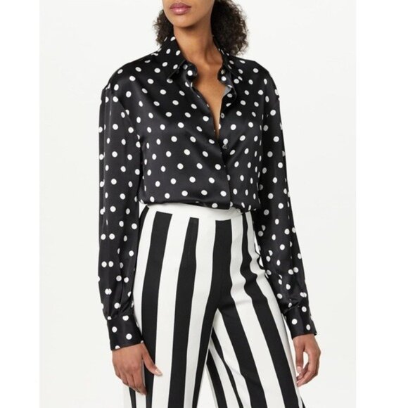 Sergio Hudson Polka Dot Silk Charmeuse Button-Up Blouse, Black/White XS NWT $795 - Picture 3 of 13